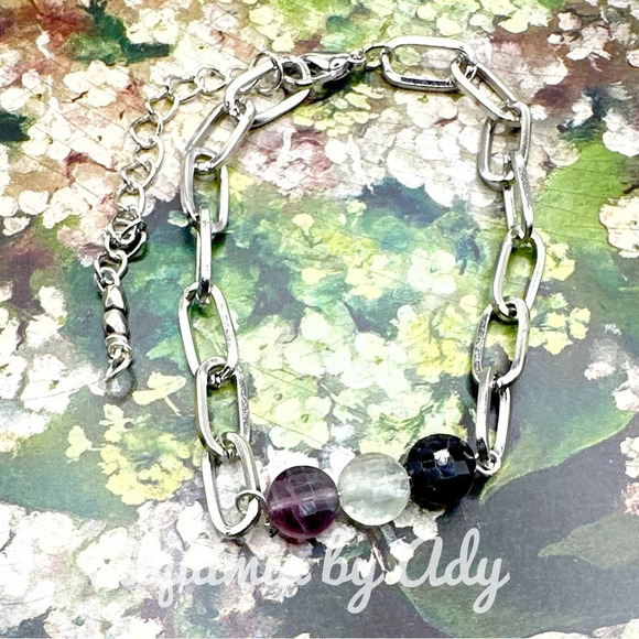 Fluorite silver chain adjustable chunky beaded bracelet - Picture 1 of 12